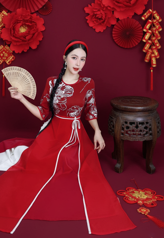 Áo Dài 2T+ Hoa Chỉ Eo Nơ+PK AD2945 (áo lẻ)