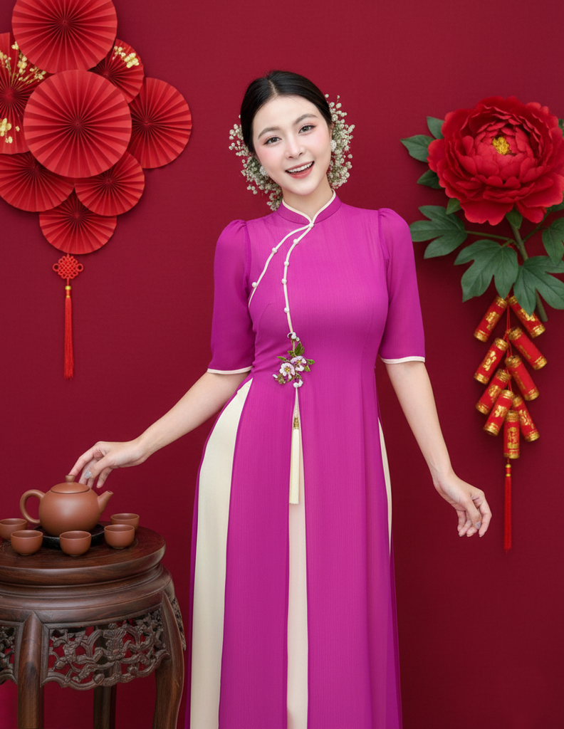 Áo Dài 4 Tà CÀNH LỘC XUÂN Kèm Phụ Kiện AD2995 (Áo lẻ)