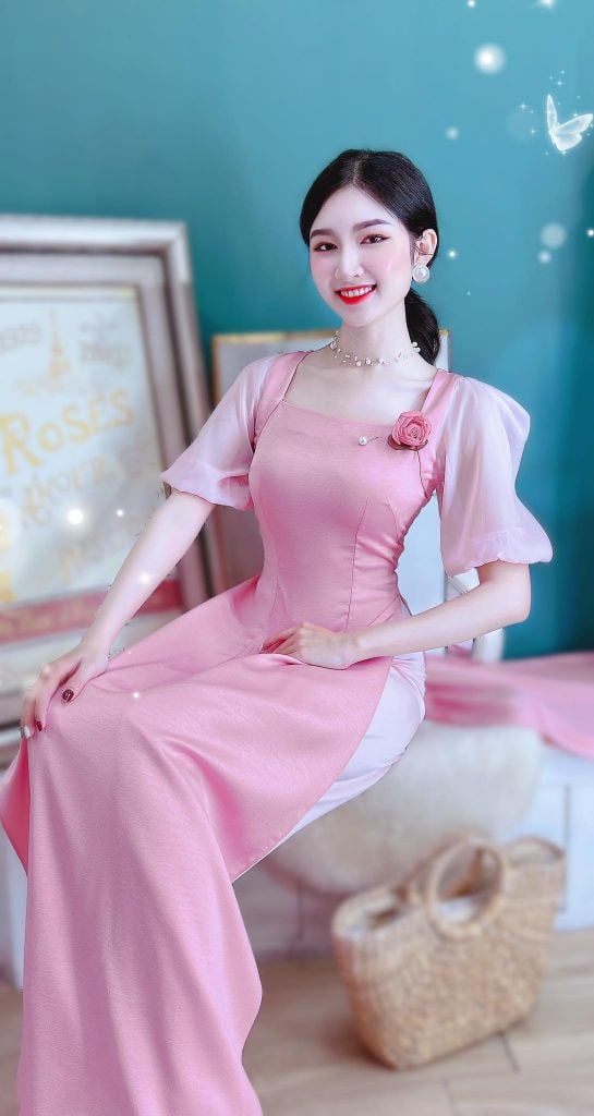 Áo Dài Cổ Vuông Tay Bồng Tơ AD8114 (áo lẻ)