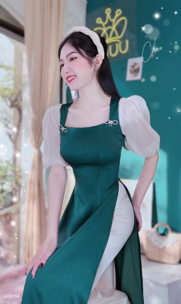 Áo Dài Cổ Vuông Tay Bồng Tơ AD8114 (áo lẻ)