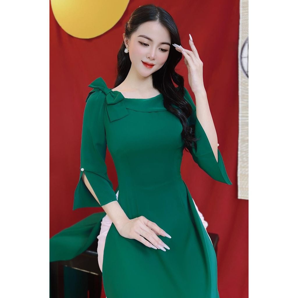 Áo Dài Cổ Thuyền Nơ Vai AD9204 (áo lẻ)