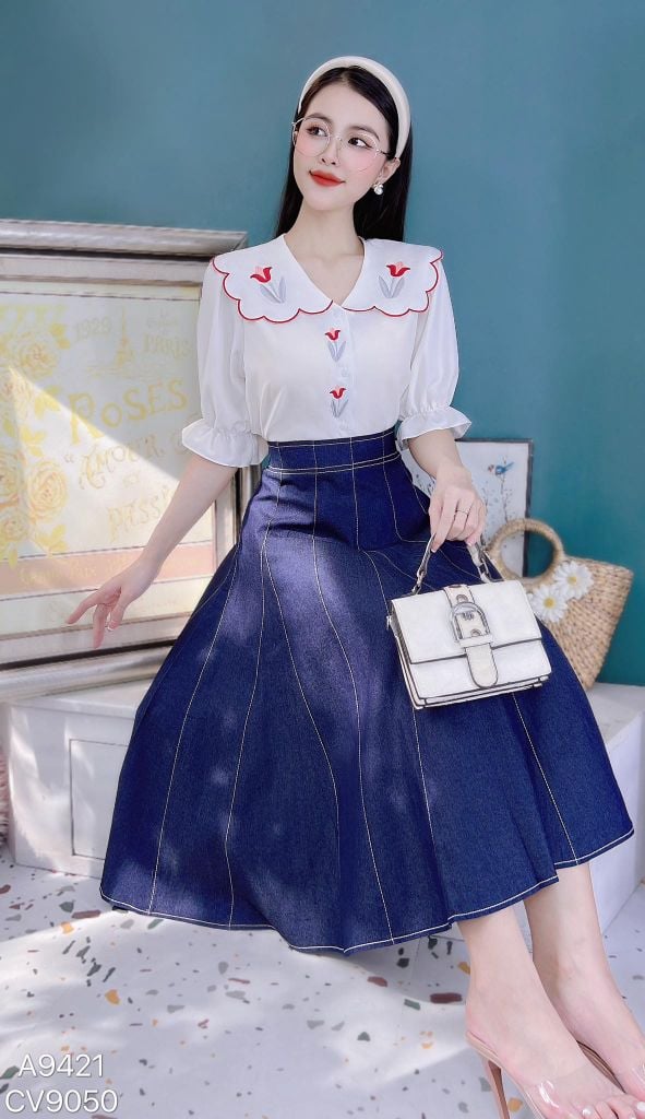 Chân Váy Jean Chỉ Trắng CV9050