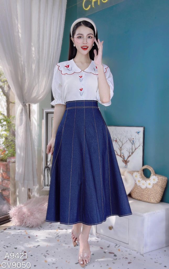 Chân Váy Jean Chỉ Trắng CV9050