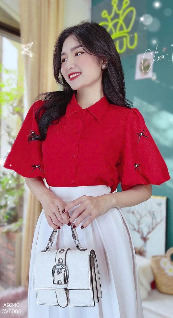 Áo Sơ Mi Tay Bí Đính Nơ A9240 (Áo lẻ)