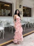  Váy hai dây hồng xếp tầng 