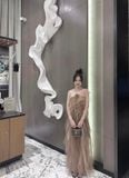  Váy voan lưới nâu lệch vai 