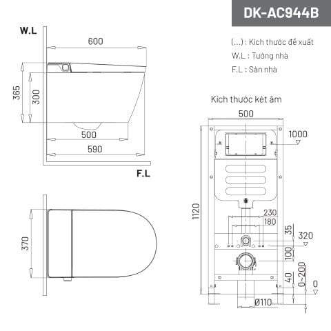  Bồn cầu điện tử treo tường D&K AC944B 