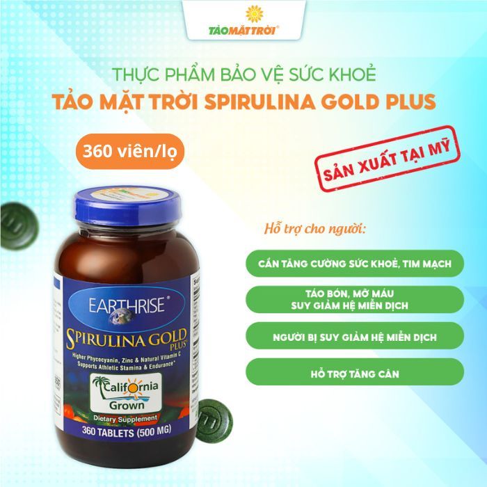 Tảo SPIRULINA GOLD PLUS dạng viên 500mg/360 viên/lọ, 12 lọ/1hộp.