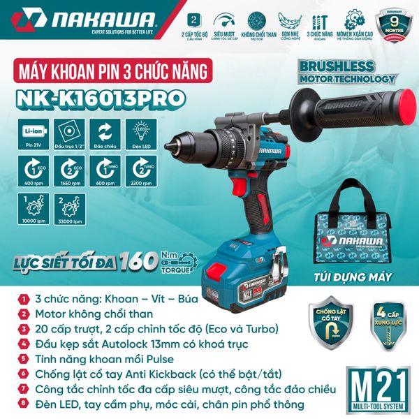Máy khoan pin 3 chức năng NAKAWA NK-K16013PRO