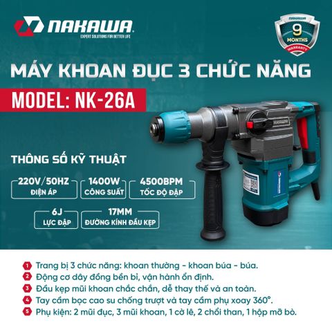Máy khoan đục 3 chức năng NAKAWA NK-26A
