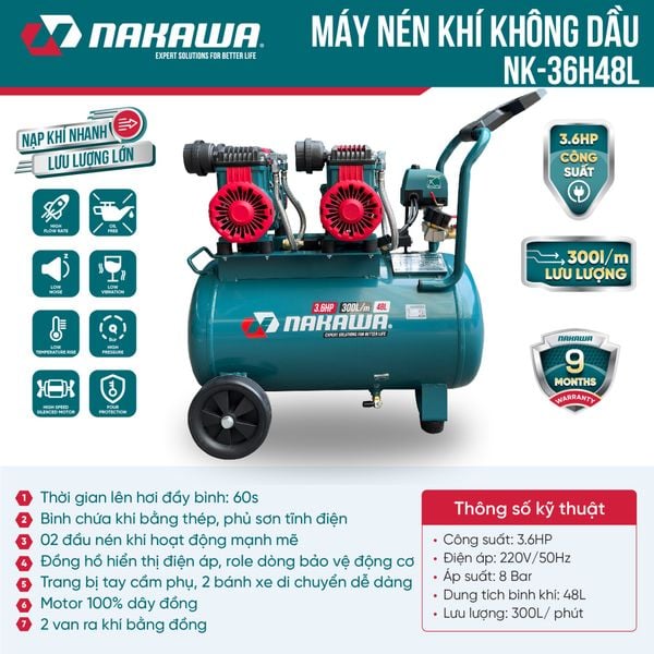Máy nén khí không dầu, tốc nhanh, siêu êm NK-36H48L - 48 lít