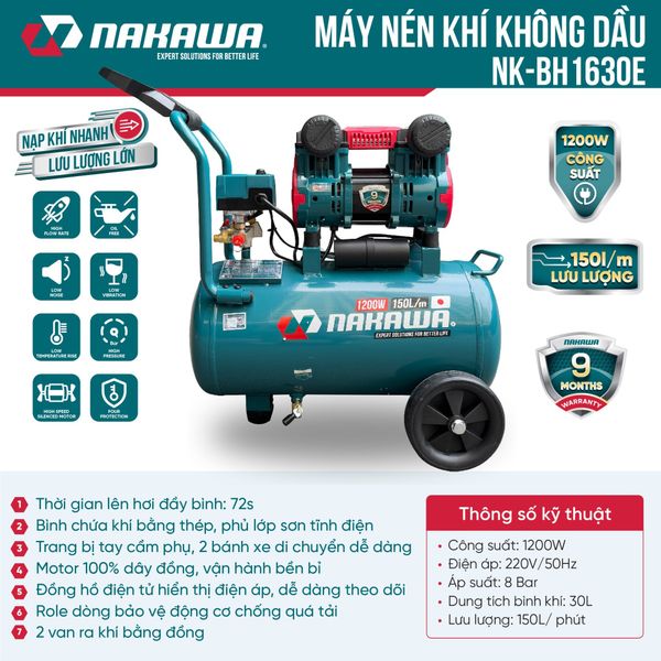Máy nén khí không dầu, tốc nhanh, siêu êm NK-BH1630E - 30 lít
