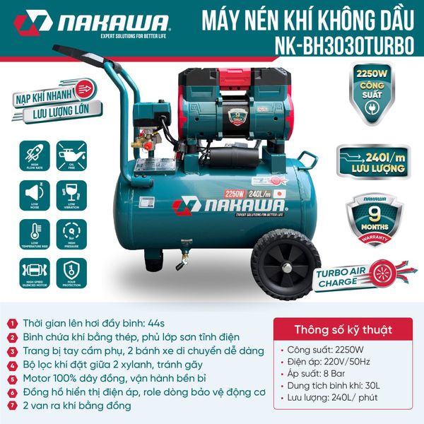 Máy nén khí không dầu, tốc nhanh, siêu êm NK-BH3030TURBO - 30 lít