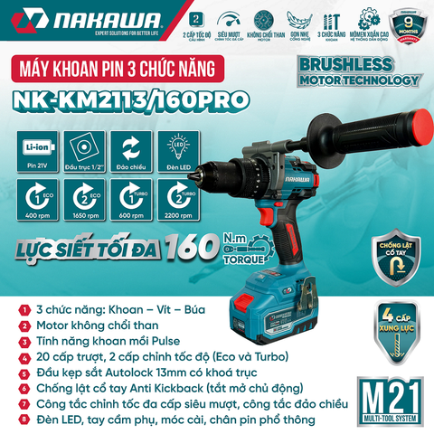 Máy khoan pin 3 chức năng NAKAWA NK-KM2113/160PRO