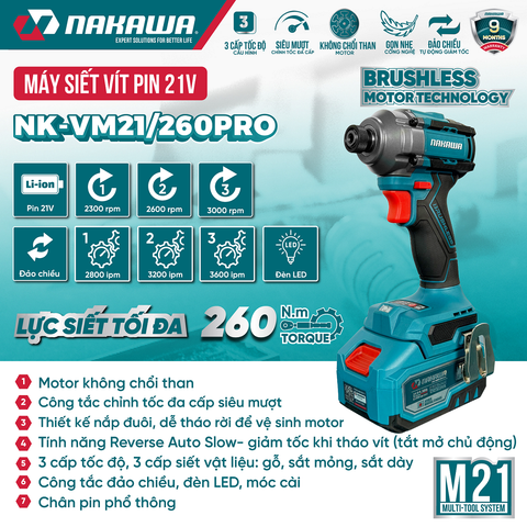 Máy siết vít pin NAKAWA NK-VM21/260PRO