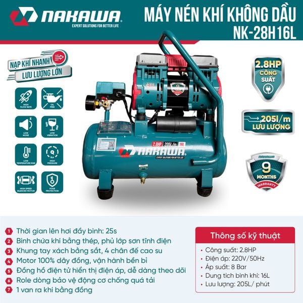 Máy nén khí không dầu, tốc nhanh, siêu êm NK-28H16L - 16 lít