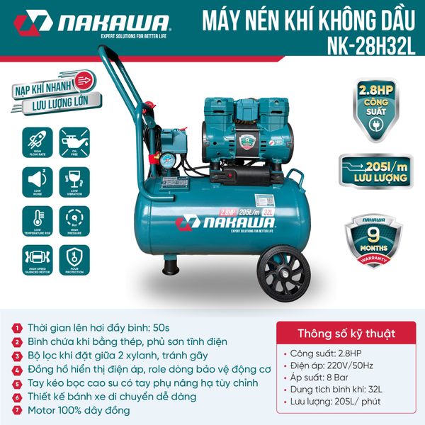 Máy nén khí không dầu, tốc nhanh, siêu êm NK-28H32L - 32 lít
