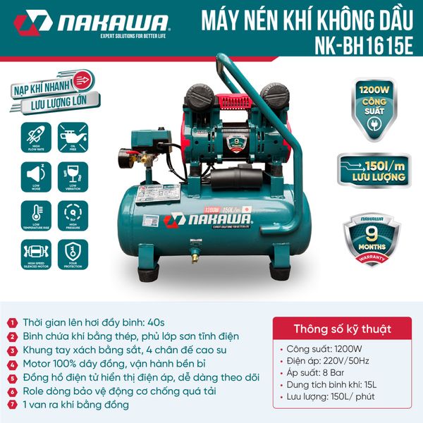 Máy nén khí không dầu, tốc nhanh, siêu êm NK-BH1615E - 15 lít