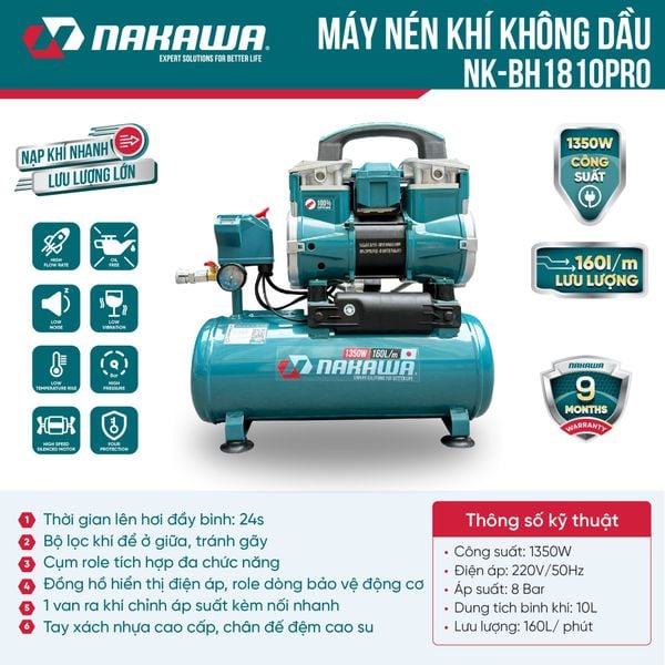 Máy nén khí không dầu, tốc nhanh, siêu êm NK-BH1810PRO - 10 lít