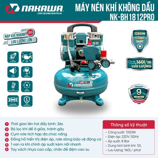 Máy nén khí không dầu, tốc nhanh, siêu êm NK-BH1812PRO - 12 lít