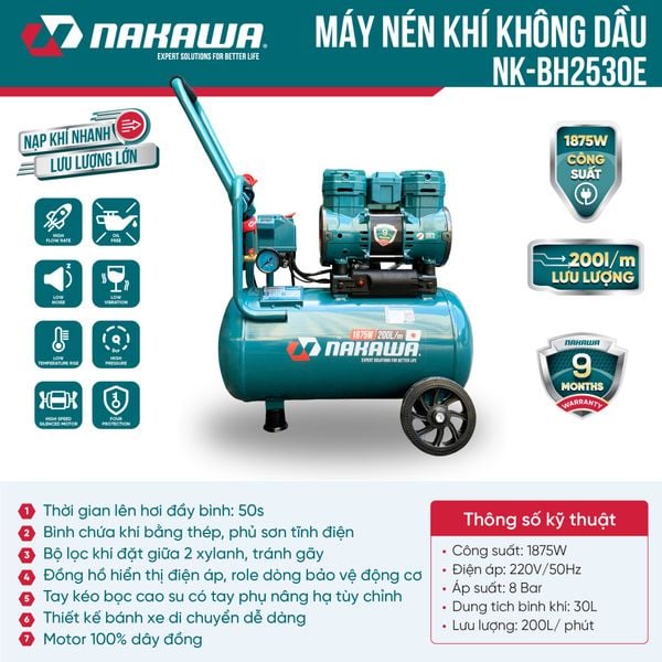 Máy nén khí không dầu, tốc nhanh, siêu êm NK-BH2530E - 30 lít