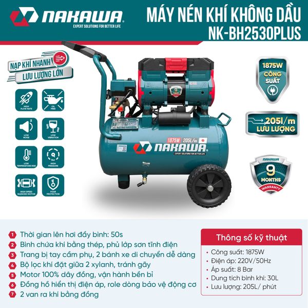Máy nén khí không dầu, tốc nhanh, siêu êm NK-BH2530PLUS - 30 lít