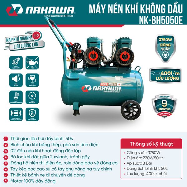 Máy nén khí không dầu, tốc nhanh, siêu êm NK-BH5050E - 50 lít