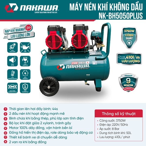 Máy nén khí không dầu, tốc nhanh, siêu êm NK-BH5050PLUS - 50 lít