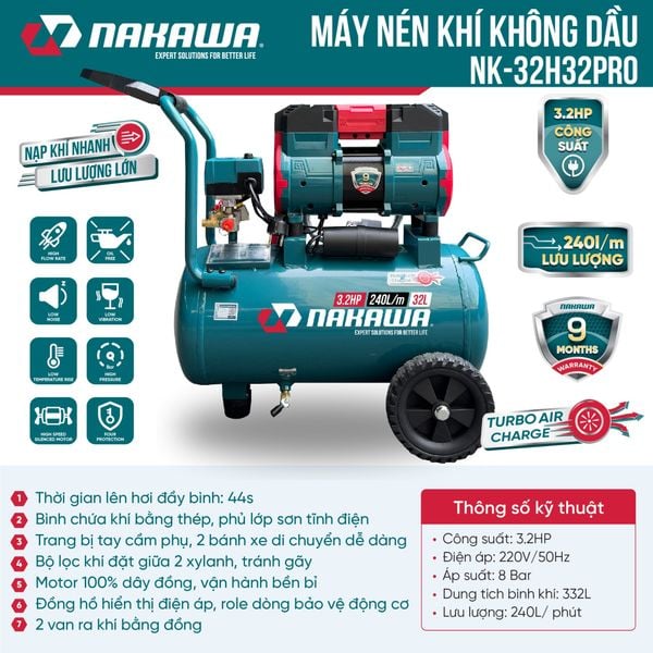 Máy nén khí không dầu, tốc nhanh, siêu êm NK-32H32PRO - 32 lít