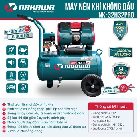 Máy nén khí không dầu, tốc nhanh, siêu êm NK-32H32PRO - 32 lít