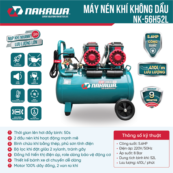 Máy nén khí không dầu, tốc nhanh, siêu êm NK-56H52L - 52 lít