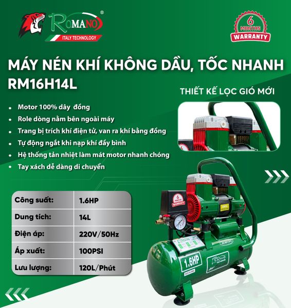 Máy nén khí không dầu ROMANO RM16H14L