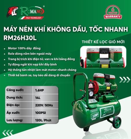Máy nén khí không dầu ROMANO RM26H30L