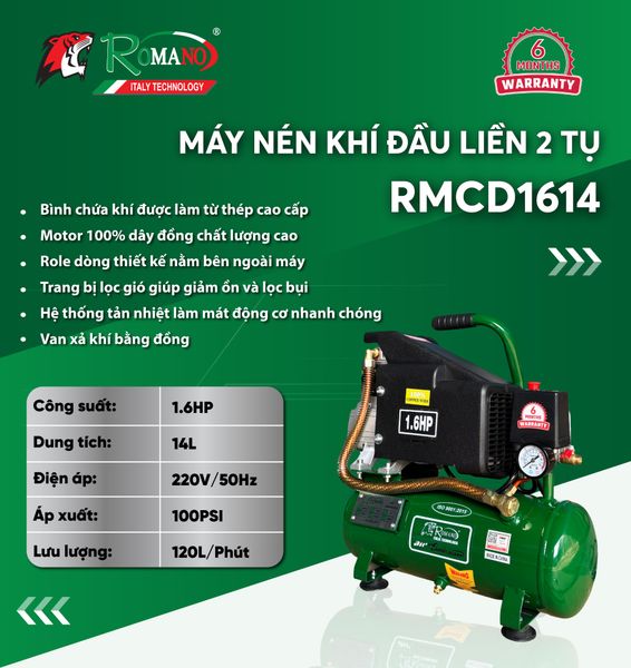 Máy nén khí đầu liền 2 tụ ROMANO RMCD1614