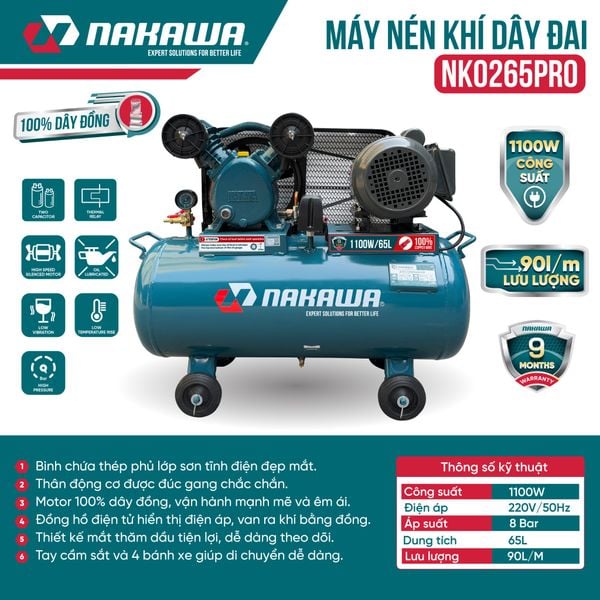 Máy Nén Khí Dây Đai NAKAWA NK0265PRO
