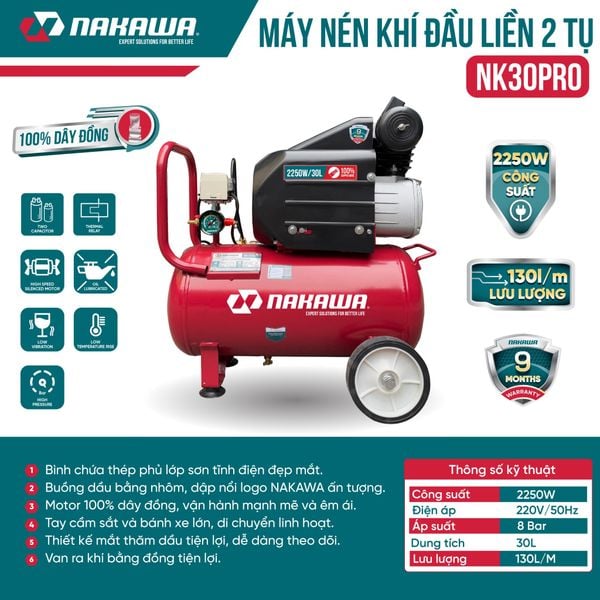 Máy Nén Khí đầu liền 2 tụ NAKAWA NK30PRO