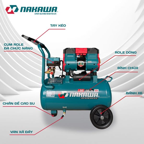 Máy nén khí không dầu, tốc nhanh, siêu êm NK-18H32L - 32 lít