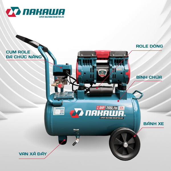 Máy nén khí không dầu, tốc nhanh, siêu êm NK-28H32L - 32 lít