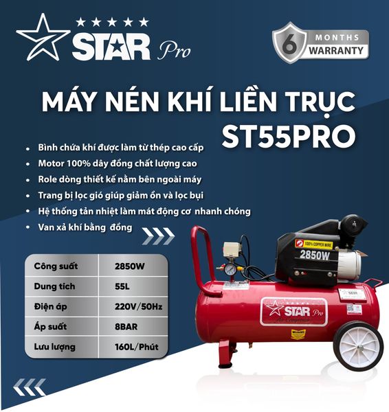 Máy nén khí đầu liền 2 tụ STAR ST55PRO