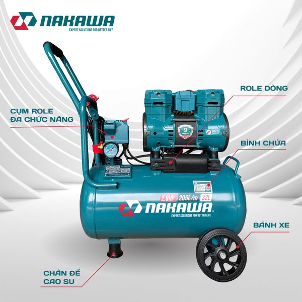 Máy nén khí không dầu, tốc nhanh, siêu êm NK-28H32L - 32 lít