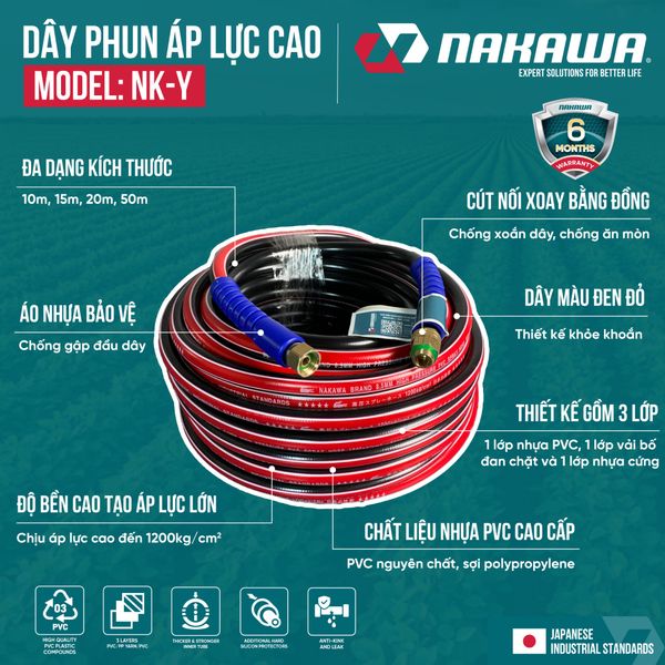 Dây phun áp lực cao NAKAWA NK-Y (các kích thước 10, 15, 20, 50m)