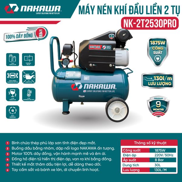 Máy Nén Khí đầu liền 2 tụ NAKAWA NK-2T2530PRO