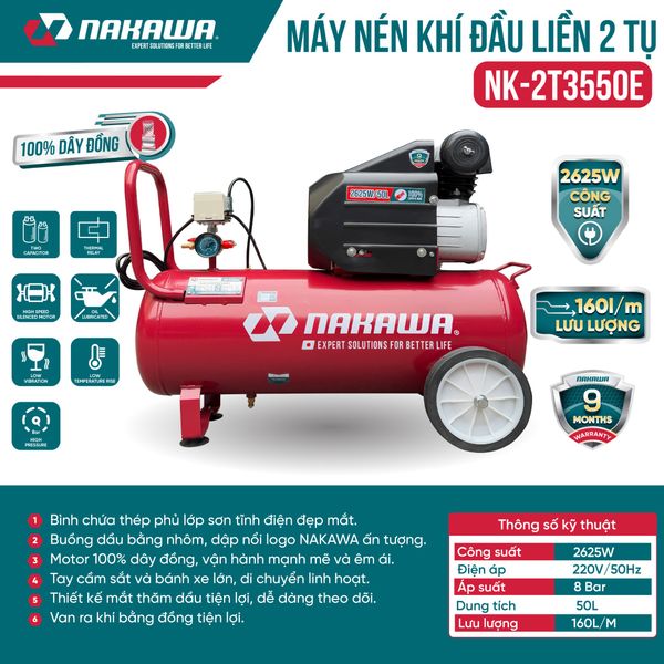 Máy Nén Khí đầu liền 2 tụ NAKAWA NK-2T3550E