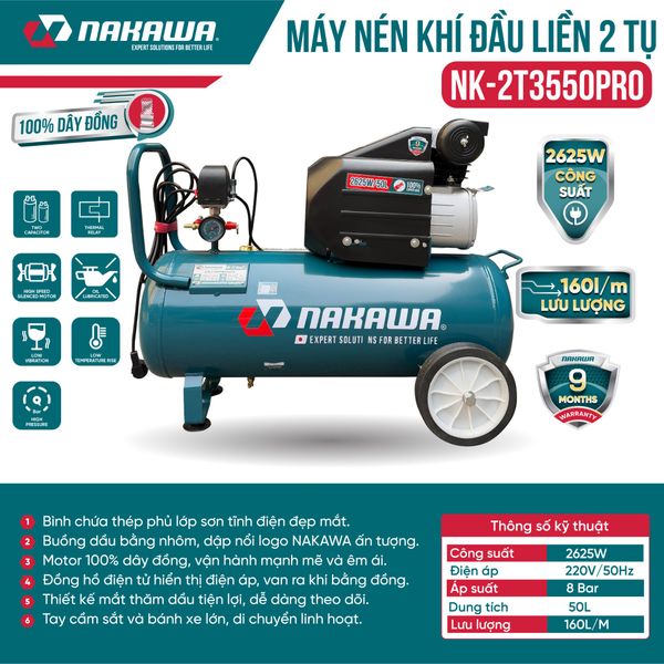 Máy Nén Khí đầu liền 2 tụ NAKAWA NK-2T3550PRO