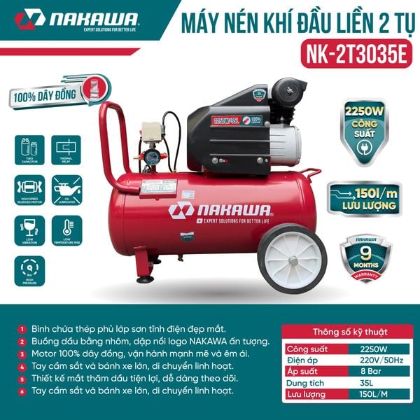 Máy Nén Khí đầu liền 2 tụ NAKAWA NK-2T3035E