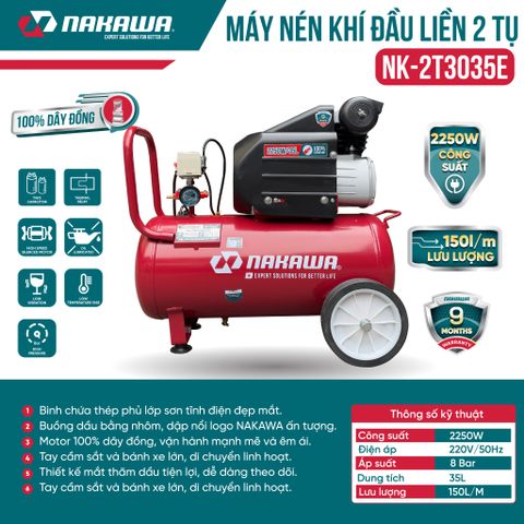 Máy Nén Khí đầu liền 2 tụ NAKAWA NK-2T3035E