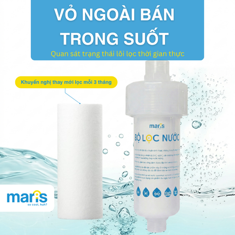 Bộ Lọc Nước Tắm Gắn Vòi Đa Năng MARIS Sẵn Lõi Lọc 0.005mm, Gắn Máy Giặt, Vòi Sen, Bồn Rửa Thay Được Lõi