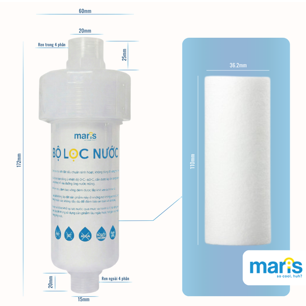 Bộ Lọc Nước Tắm Gắn Vòi Đa Năng MARIS Sẵn Lõi Lọc 0.005mm, Gắn Máy Giặt, Vòi Sen, Bồn Rửa Thay Được Lõi