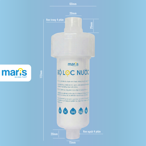 Bộ Lọc Nước Tắm Gắn Vòi Đa Năng MARIS Sẵn Lõi Lọc 0.005mm, Gắn Máy Giặt, Vòi Sen, Bồn Rửa Thay Được Lõi