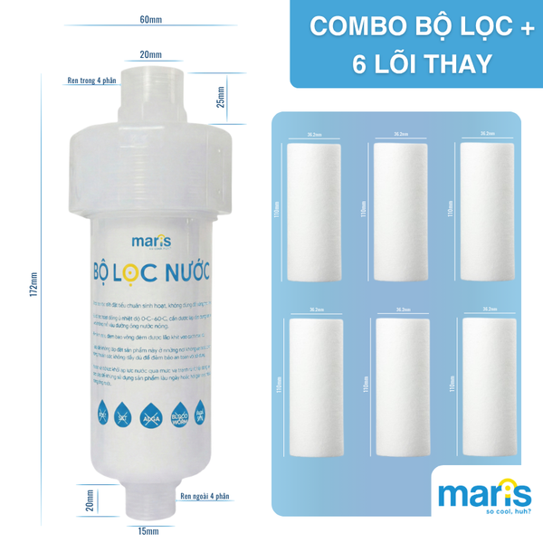 Bộ Lọc Nước Tắm Gắn Vòi Đa Năng MARIS Sẵn Lõi Lọc 0.005mm, Gắn Máy Giặt, Vòi Sen, Bồn Rửa Thay Được Lõi